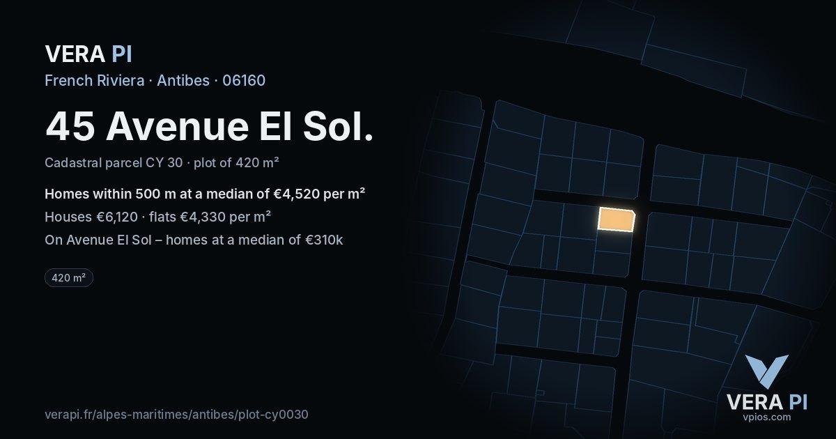 45 Avenue El Sol, Antibes at night – the plot lit, the parcels around coloured by the prices near them