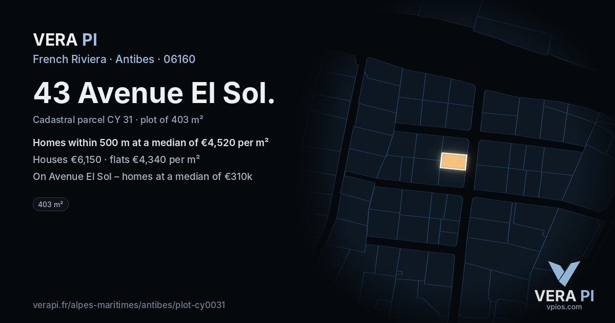 43 Avenue El Sol, Antibes at night – the plot lit, the parcels around coloured by the prices near them