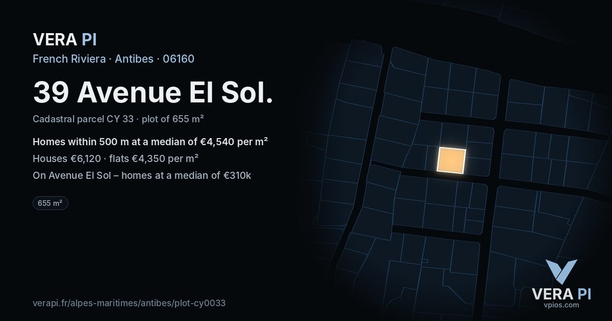 39 Avenue El Sol, Antibes at night – the plot lit, the parcels around coloured by the prices near them