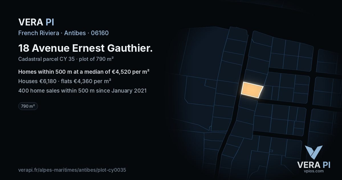 18 Avenue Ernest Gauthier, Antibes at night – the plot lit, the parcels around coloured by the prices near them