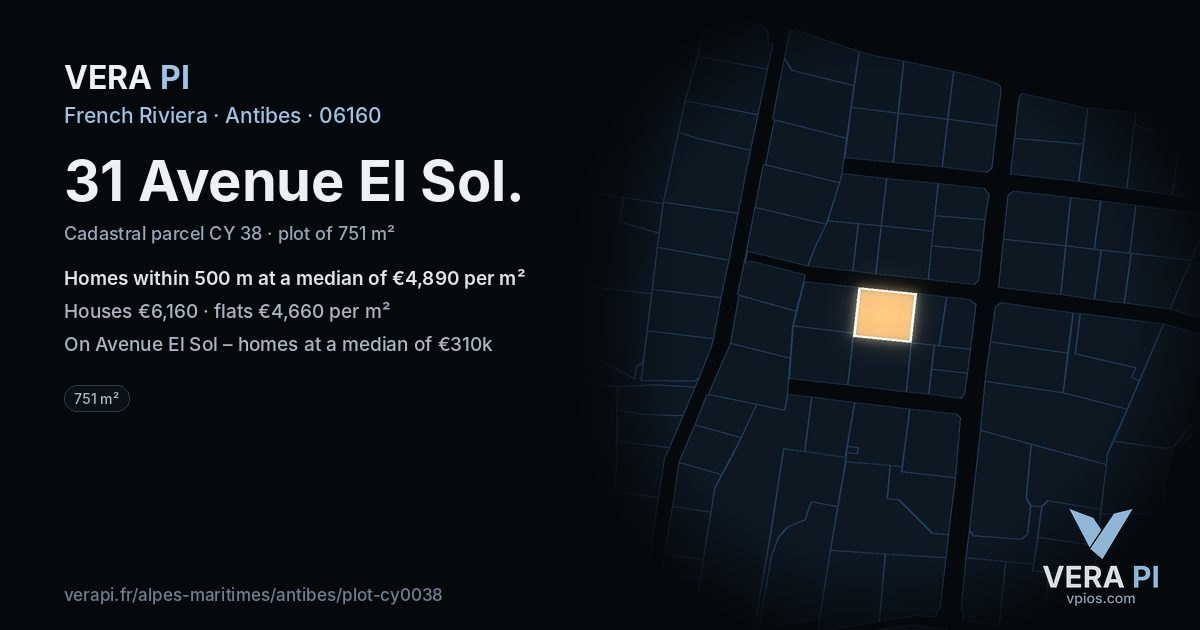 31 Avenue El Sol, Antibes at night – the plot lit, the parcels around coloured by the prices near them