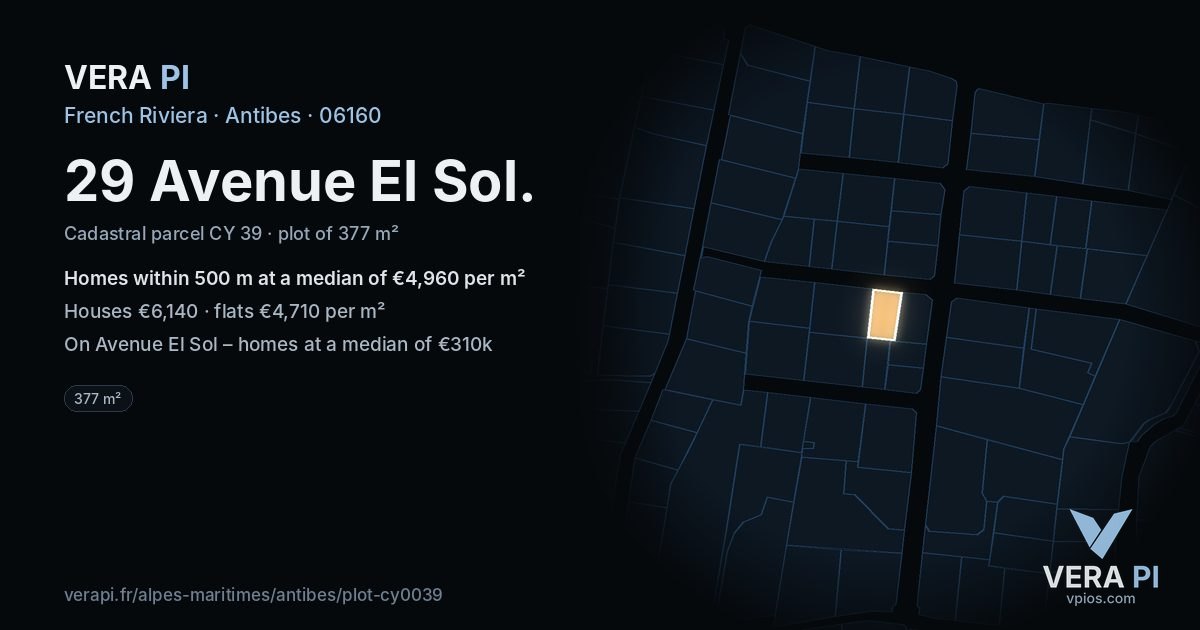 29 Avenue El Sol, Antibes at night – the plot lit, the parcels around coloured by the prices near them