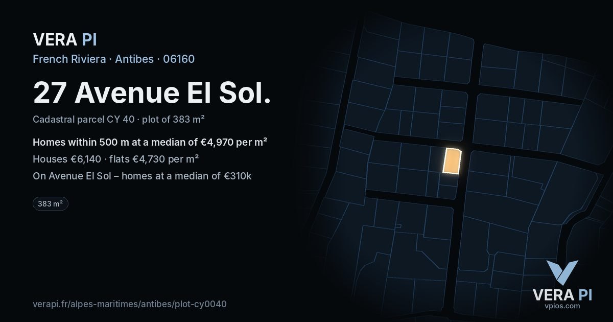 27 Avenue El Sol, Antibes at night – the plot lit, the parcels around coloured by the prices near them