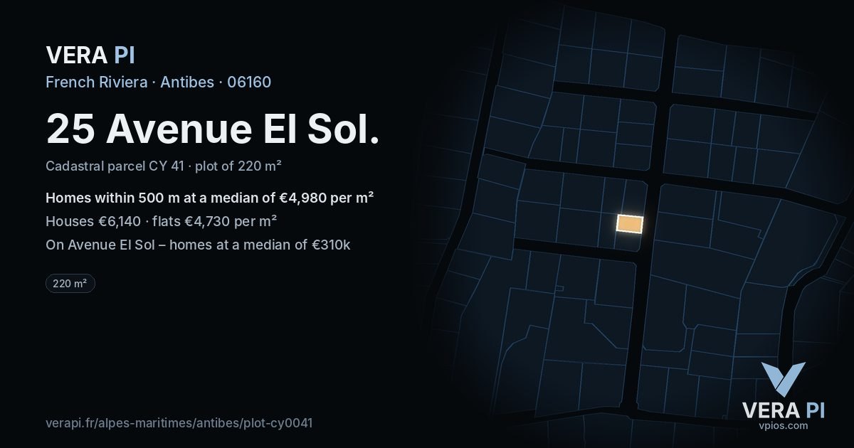 25 Avenue El Sol, Antibes at night – the plot lit, the parcels around coloured by the prices near them