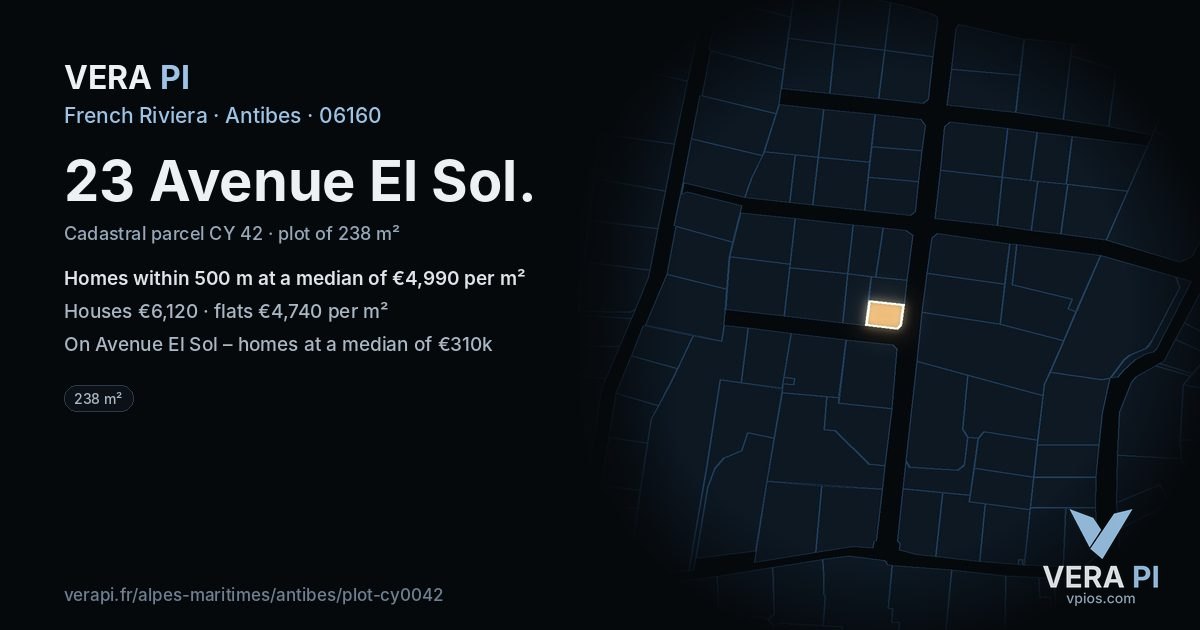 23 Avenue El Sol, Antibes at night – the plot lit, the parcels around coloured by the prices near them