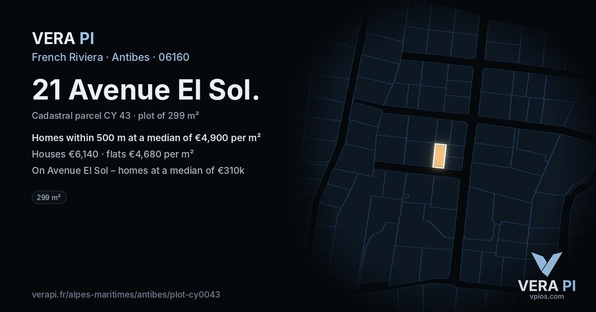 21 Avenue El Sol, Antibes at night – the plot lit, the parcels around coloured by the prices near them