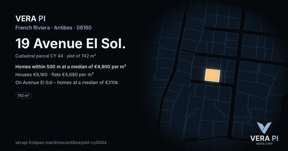 19 Avenue El Sol, Antibes at night – the plot lit, the parcels around coloured by the prices near them