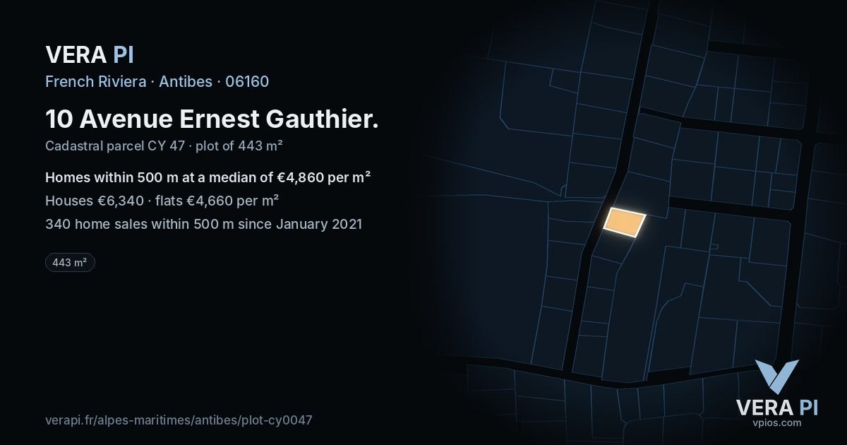 10 Avenue Ernest Gauthier, Antibes at night – the plot lit, the parcels around coloured by the prices near them