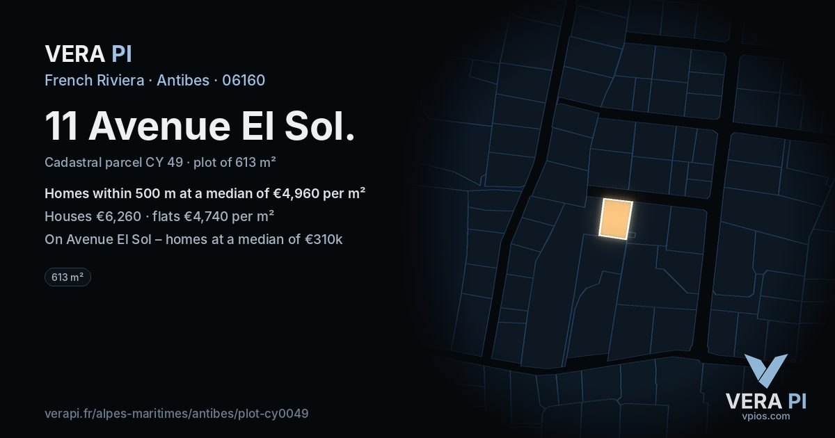 11 Avenue El Sol, Antibes at night – the plot lit, the parcels around coloured by the prices near them