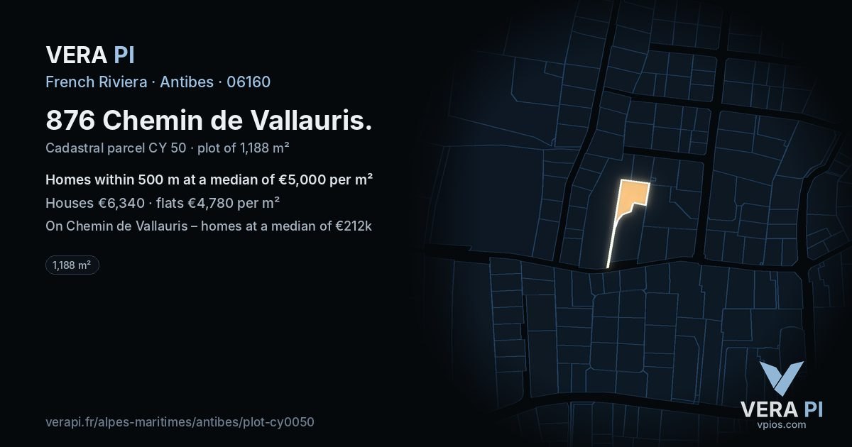 876 Chemin de Vallauris, Antibes at night – the plot lit, the parcels around coloured by the prices near them