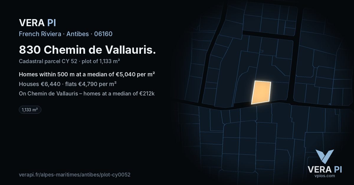 830 Chemin de Vallauris, Antibes at night – the plot lit, the parcels around coloured by the prices near them
