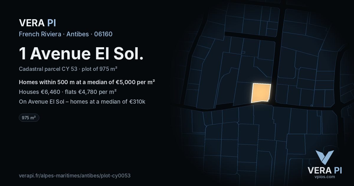 1 Avenue El Sol, Antibes at night – the plot lit, the parcels around coloured by the prices near them