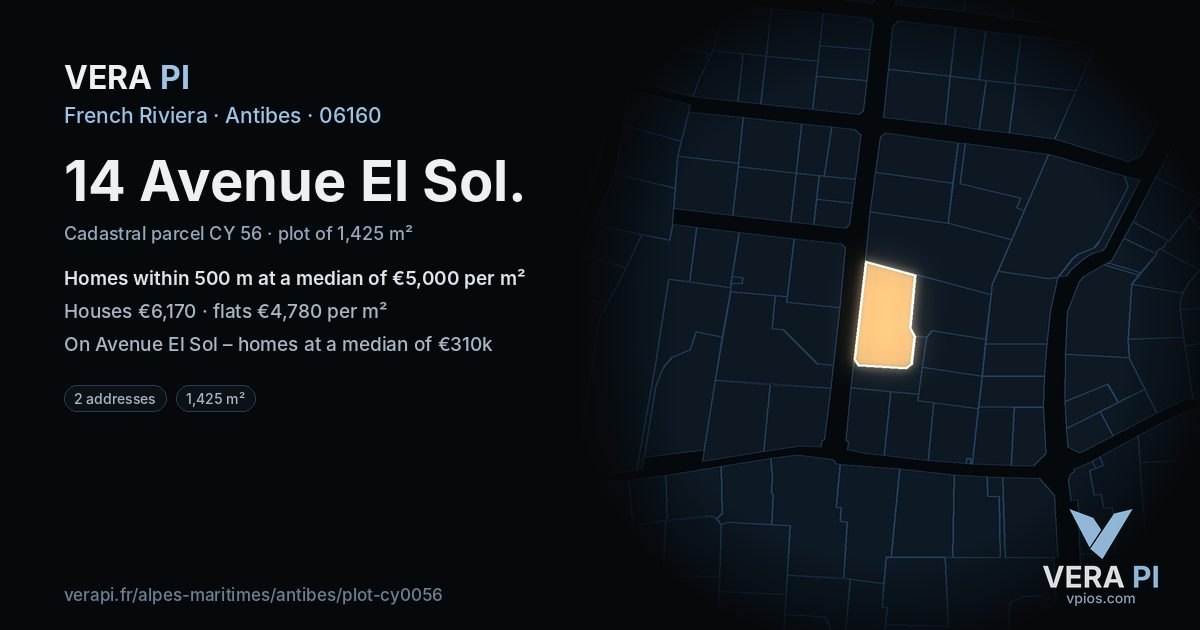 14 Avenue El Sol, Antibes at night – the plot lit, the parcels around coloured by the prices near them
