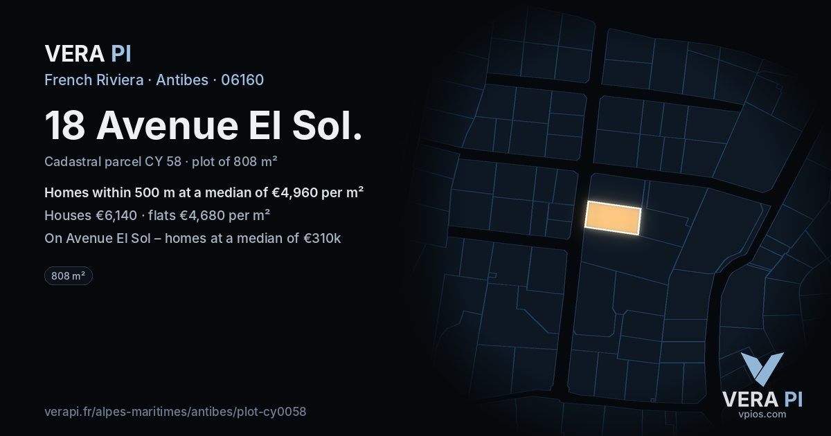 18 Avenue El Sol, Antibes at night – the plot lit, the parcels around coloured by the prices near them