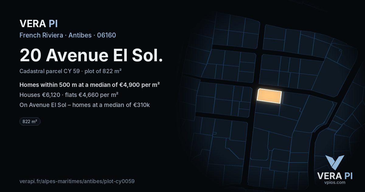 20 Avenue El Sol, Antibes at night – the plot lit, the parcels around coloured by the prices near them