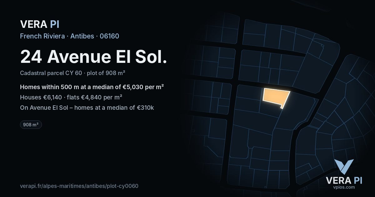 24 Avenue El Sol, Antibes at night – the plot lit, the parcels around coloured by the prices near them