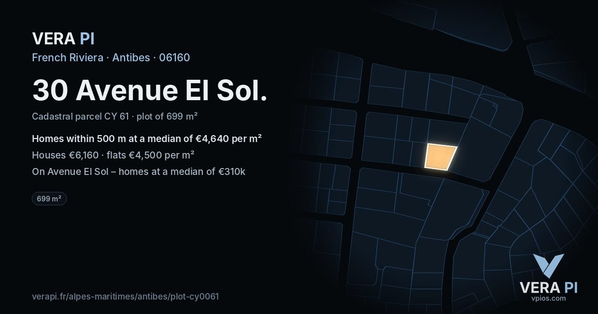30 Avenue El Sol, Antibes at night – the plot lit, the parcels around coloured by the prices near them