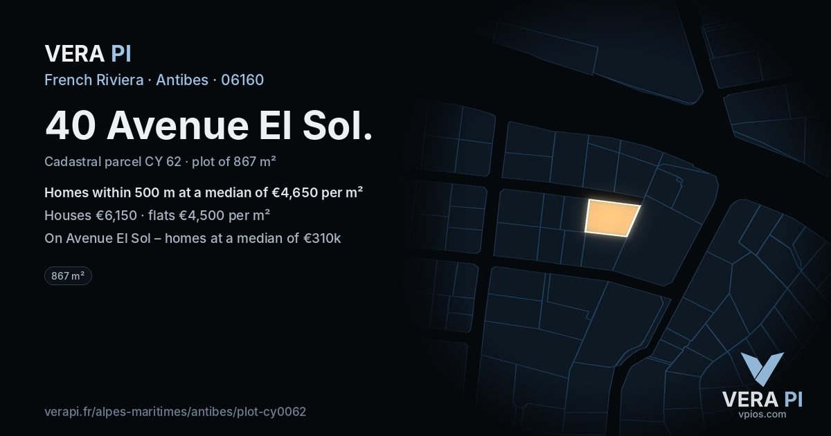 40 Avenue El Sol, Antibes at night – the plot lit, the parcels around coloured by the prices near them