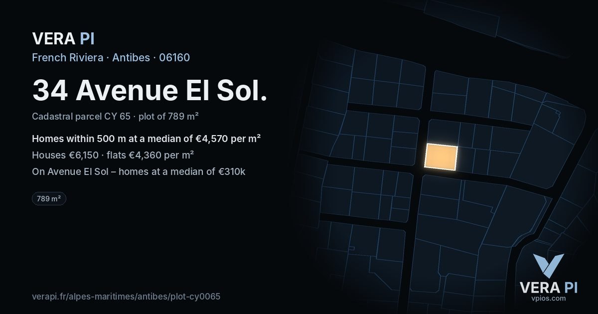 34 Avenue El Sol, Antibes at night – the plot lit, the parcels around coloured by the prices near them