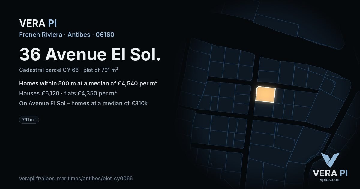 36 Avenue El Sol, Antibes at night – the plot lit, the parcels around coloured by the prices near them