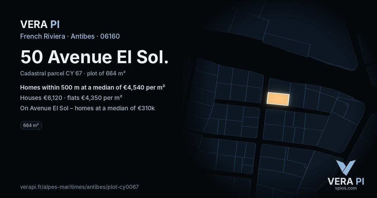 50 Avenue El Sol, Antibes at night – the plot lit, the parcels around coloured by the prices near them