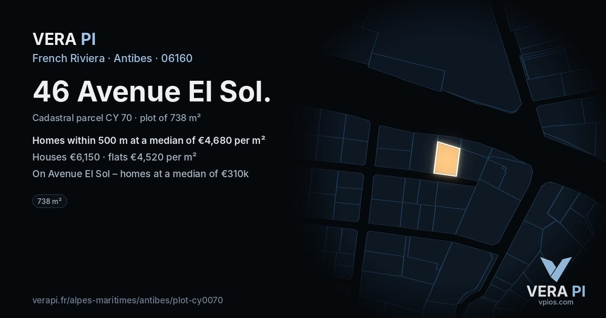 46 Avenue El Sol, Antibes at night – the plot lit, the parcels around coloured by the prices near them