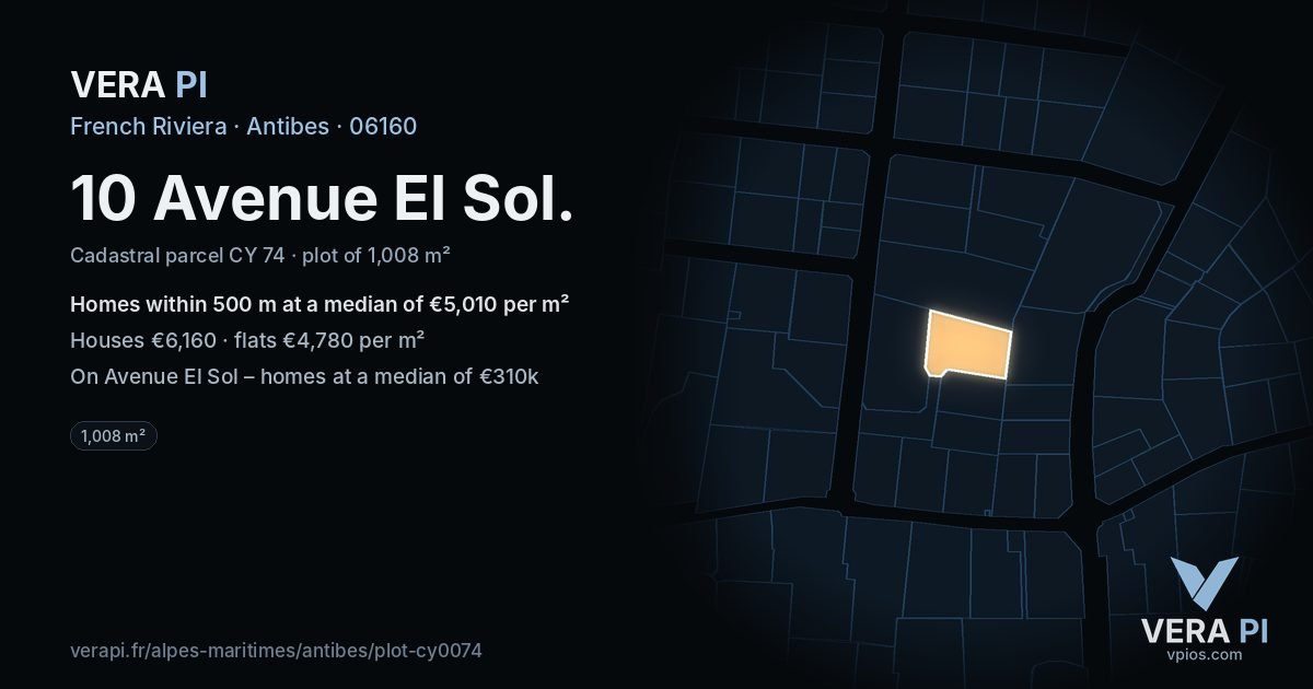 10 Avenue El Sol, Antibes at night – the plot lit, the parcels around coloured by the prices near them