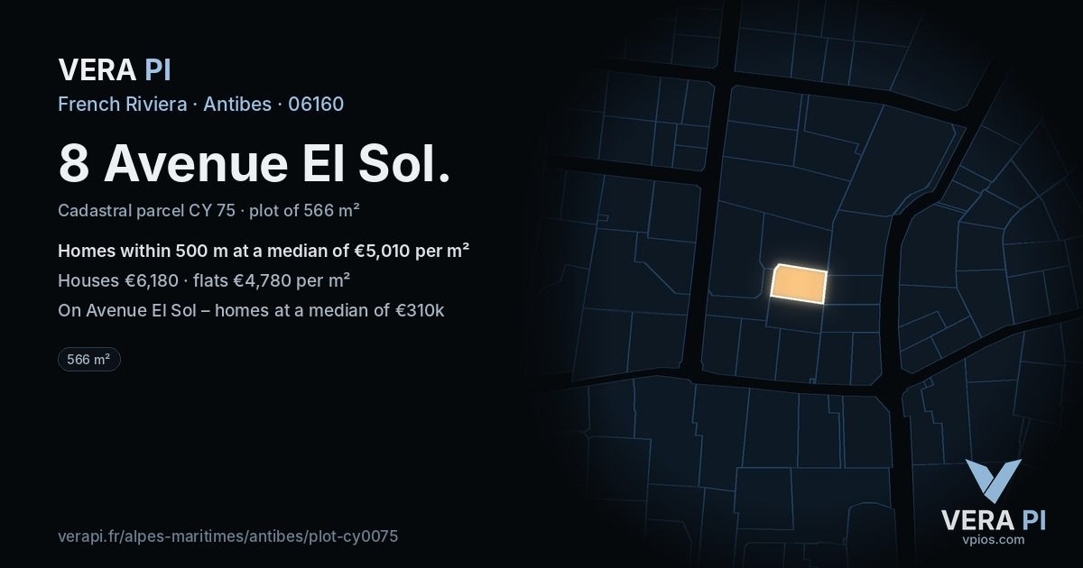 8 Avenue El Sol, Antibes at night – the plot lit, the parcels around coloured by the prices near them