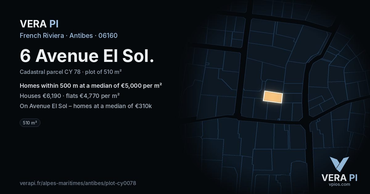 6 Avenue El Sol, Antibes at night – the plot lit, the parcels around coloured by the prices near them