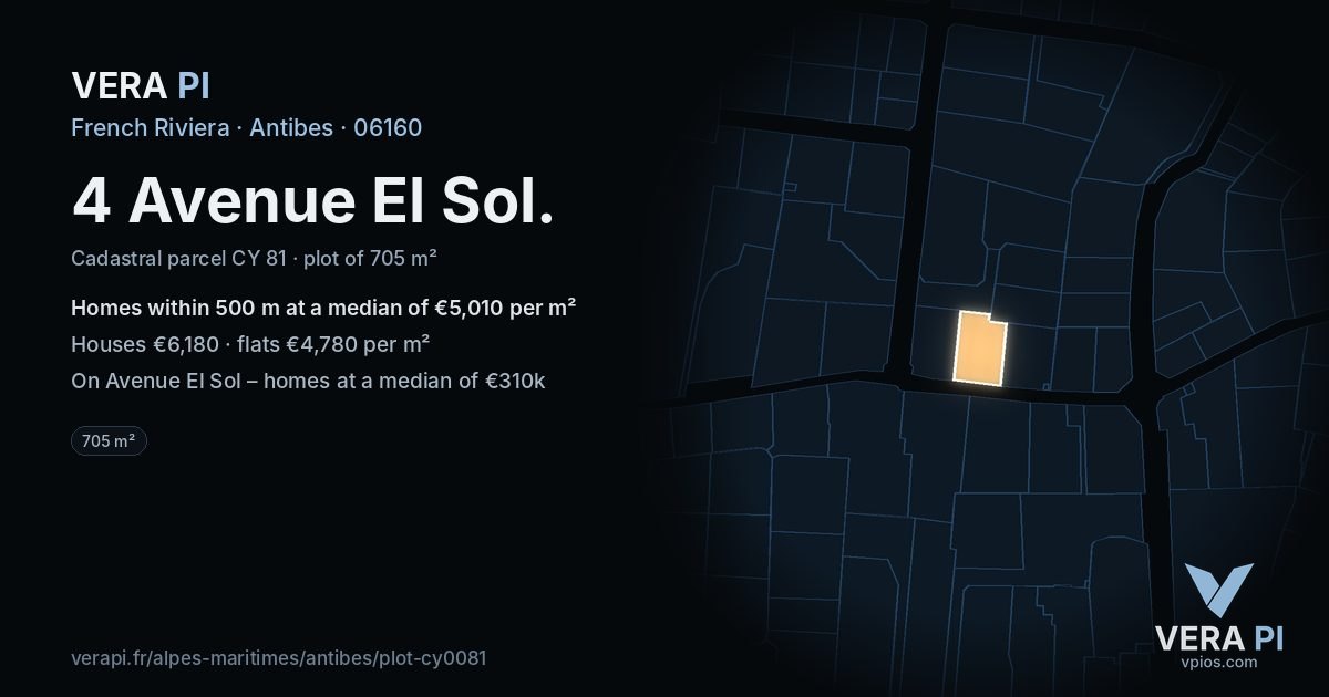 4 Avenue El Sol, Antibes at night – the plot lit, the parcels around coloured by the prices near them