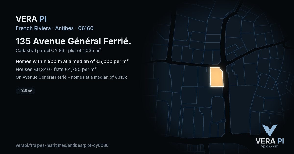 135 Avenue Général Ferrié, Antibes at night – the plot lit, the parcels around coloured by the prices near them