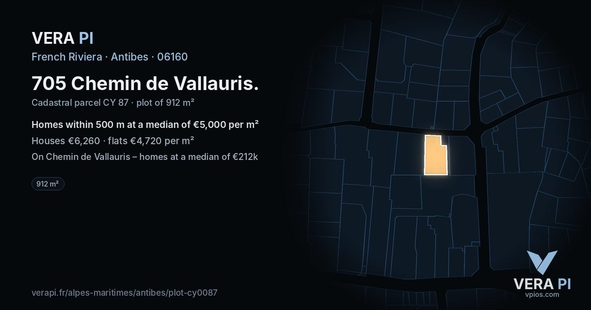 705 Chemin de Vallauris, Antibes at night – the plot lit, the parcels around coloured by the prices near them