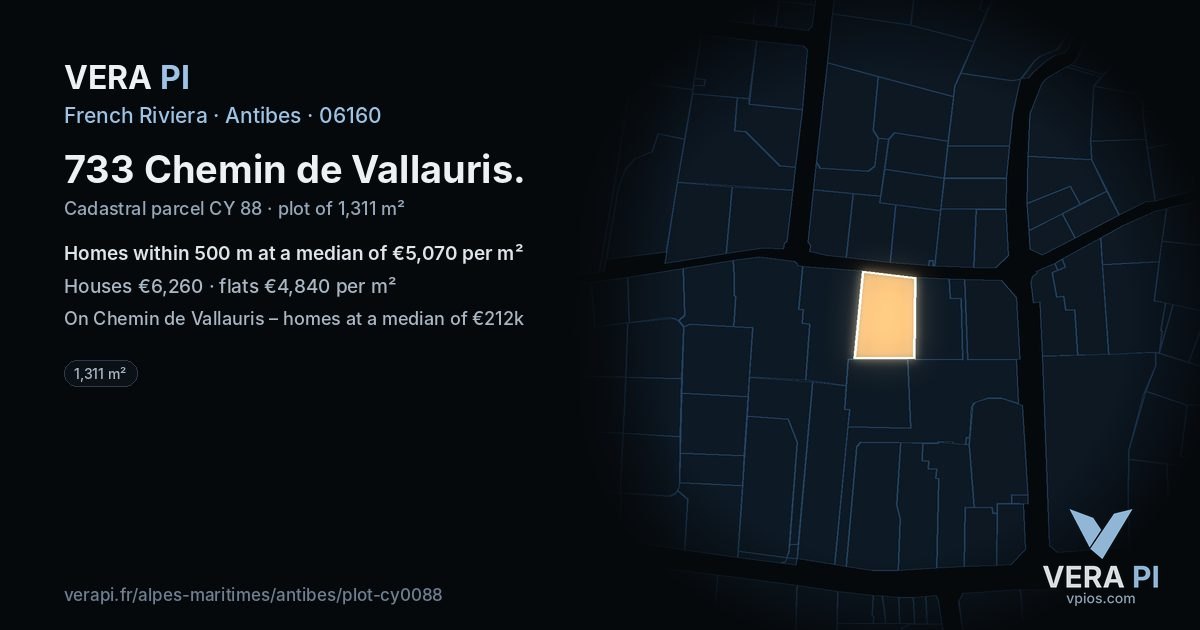 733 Chemin de Vallauris, Antibes at night – the plot lit, the parcels around coloured by the prices near them