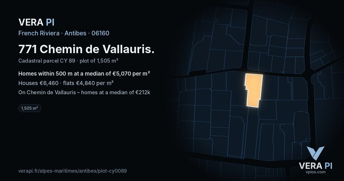 771 Chemin de Vallauris, Antibes at night – the plot lit, the parcels around coloured by the prices near them