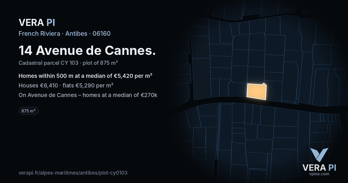 14 Avenue de Cannes, Antibes at night – the plot lit, the parcels around coloured by the prices near them