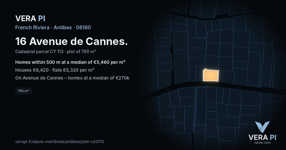 16 Avenue de Cannes, Antibes at night – the plot lit, the parcels around coloured by the prices near them