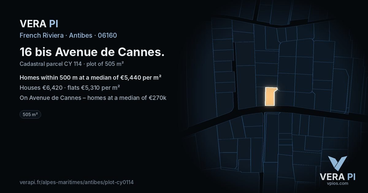 16 bis Avenue de Cannes, Antibes at night – the plot lit, the parcels around coloured by the prices near them
