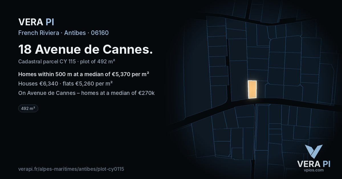 18 Avenue de Cannes, Antibes at night – the plot lit, the parcels around coloured by the prices near them