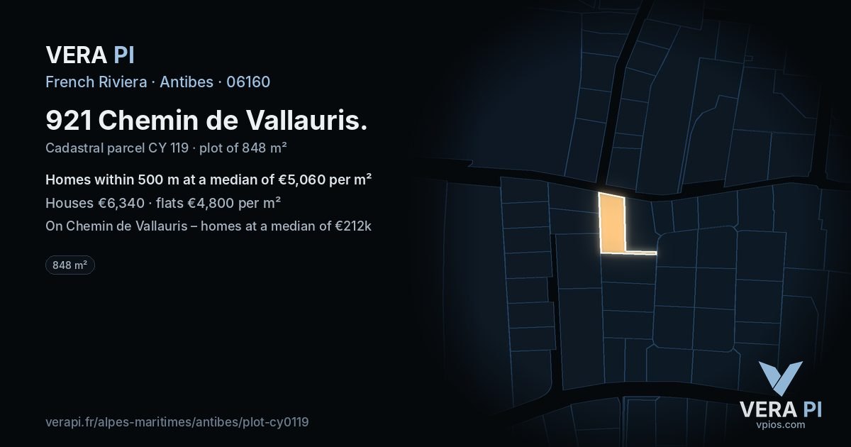 921 Chemin de Vallauris, Antibes at night – the plot lit, the parcels around coloured by the prices near them