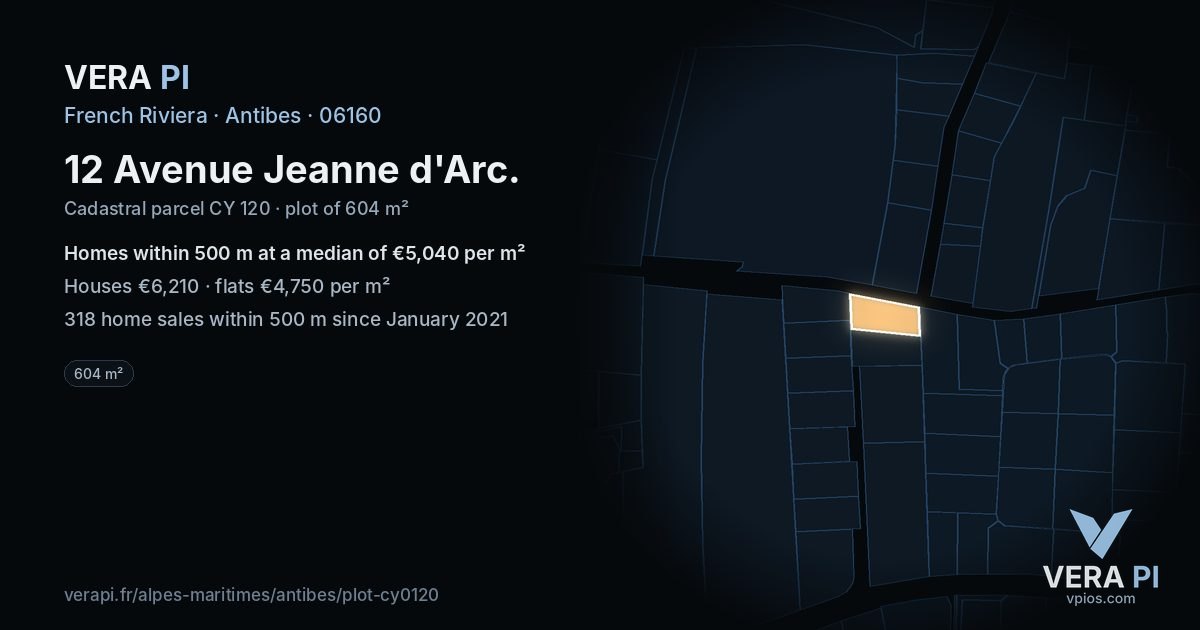12 Avenue Jeanne d'Arc, Antibes at night – the plot lit, the parcels around coloured by the prices near them