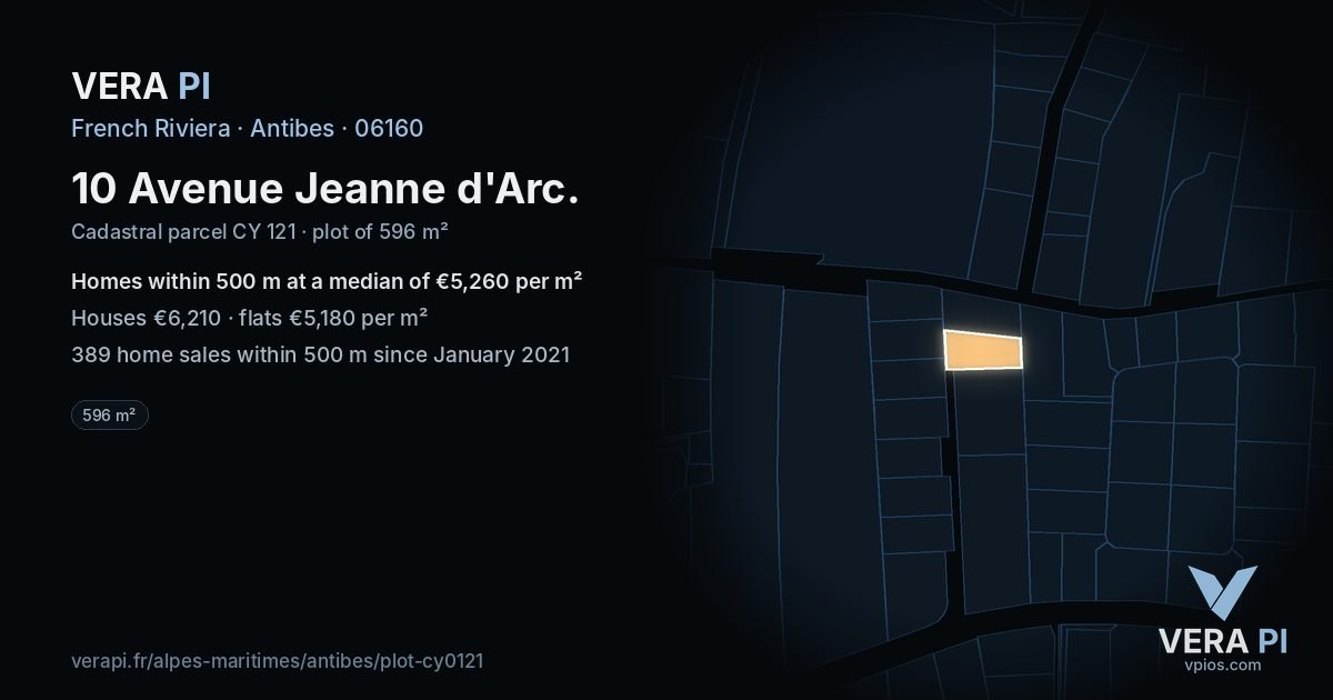 10 Avenue Jeanne d'Arc, Antibes at night – the plot lit, the parcels around coloured by the prices near them