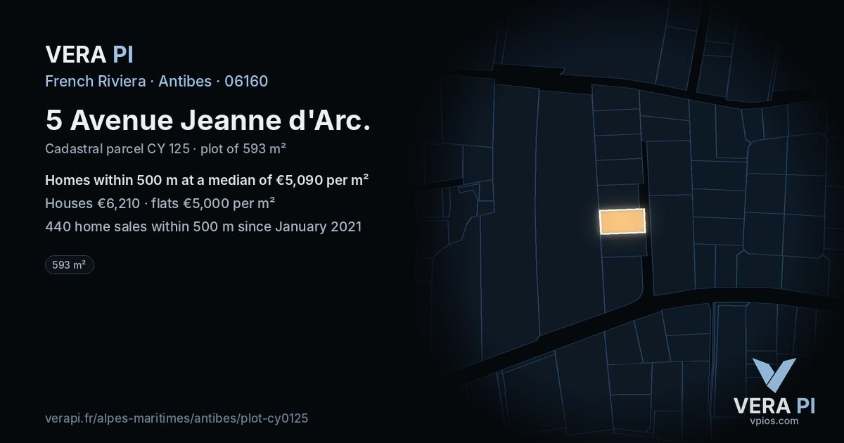 5 Avenue Jeanne d'Arc, Antibes at night – the plot lit, the parcels around coloured by the prices near them