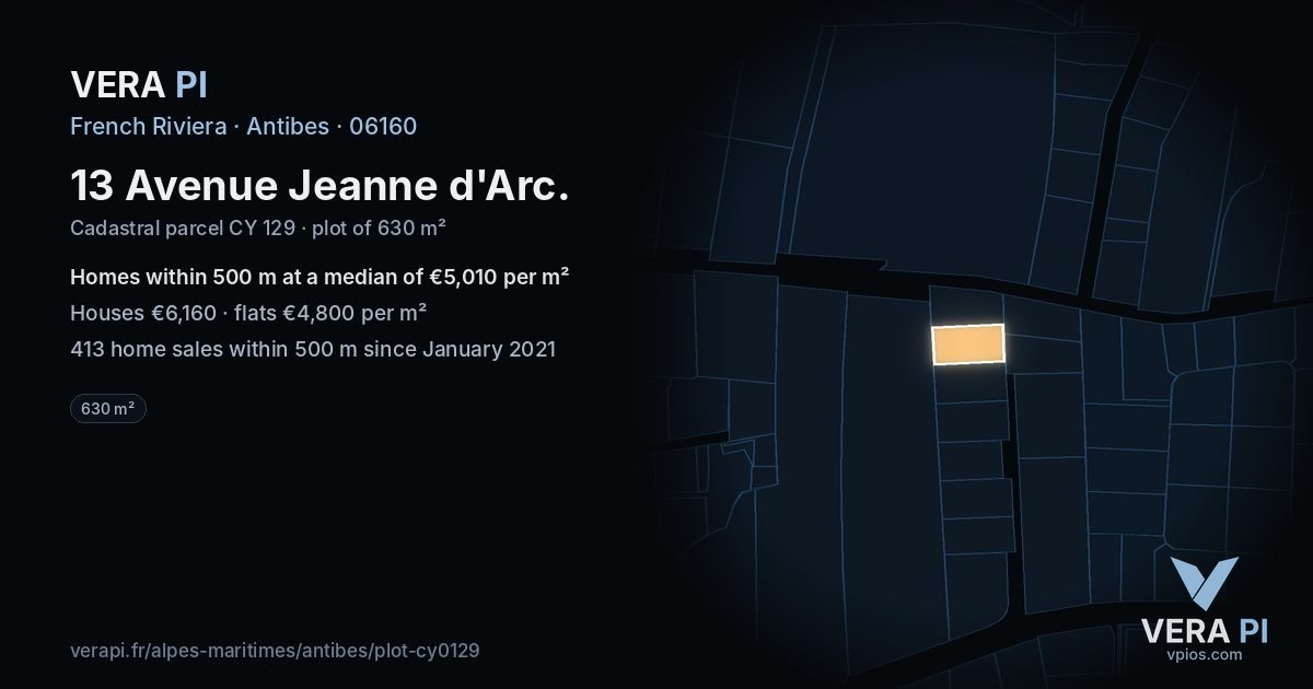 13 Avenue Jeanne d'Arc, Antibes at night – the plot lit, the parcels around coloured by the prices near them