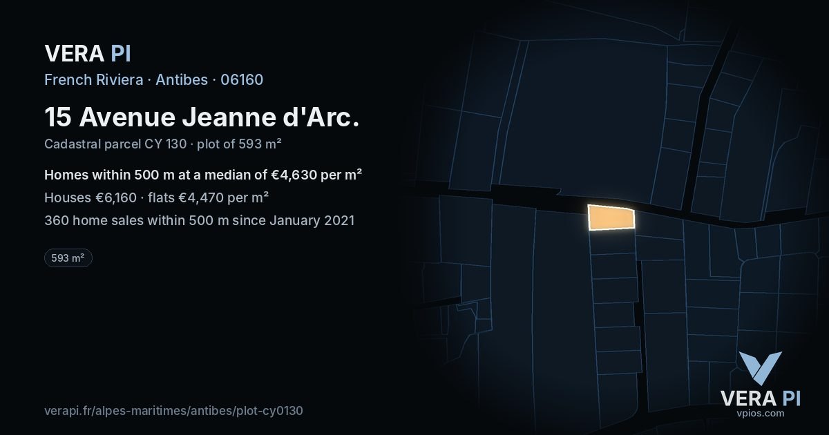 15 Avenue Jeanne d'Arc, Antibes at night – the plot lit, the parcels around coloured by the prices near them
