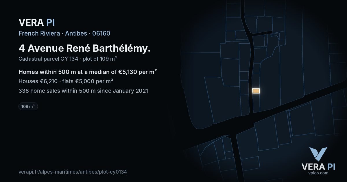 4 Avenue René Barthélémy, Antibes at night – the plot lit, the parcels around coloured by the prices near them