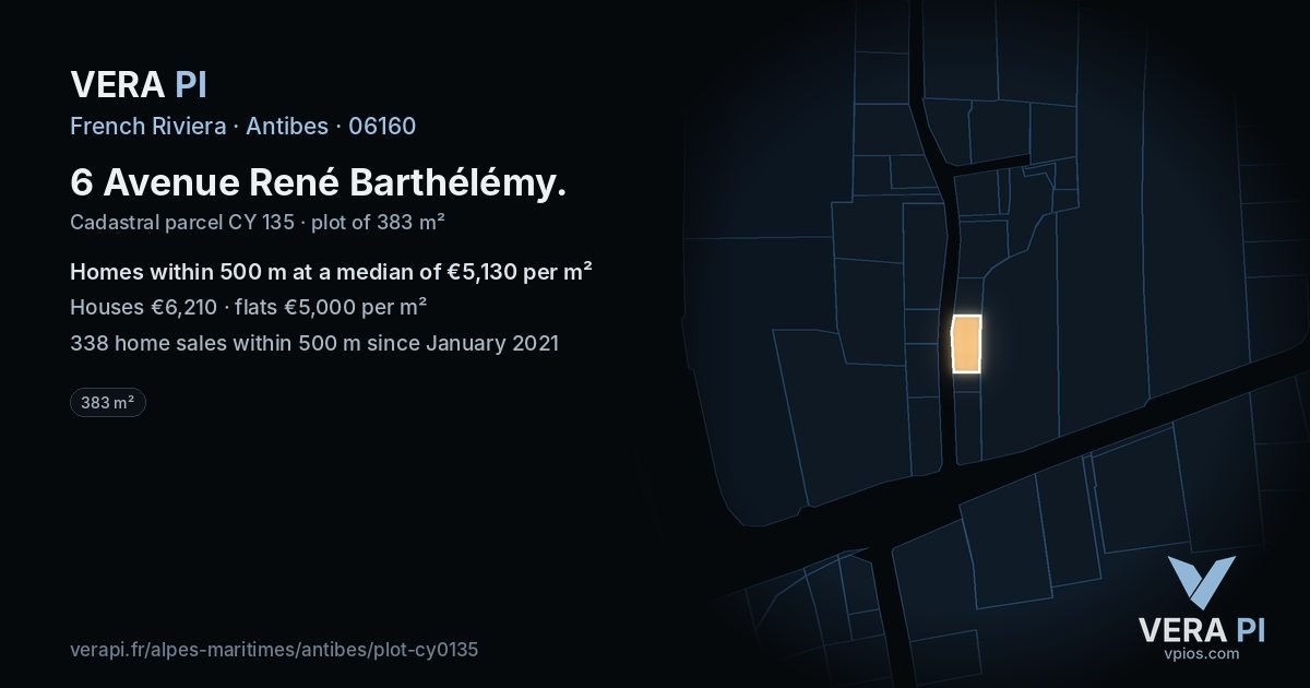 6 Avenue René Barthélémy, Antibes at night – the plot lit, the parcels around coloured by the prices near them