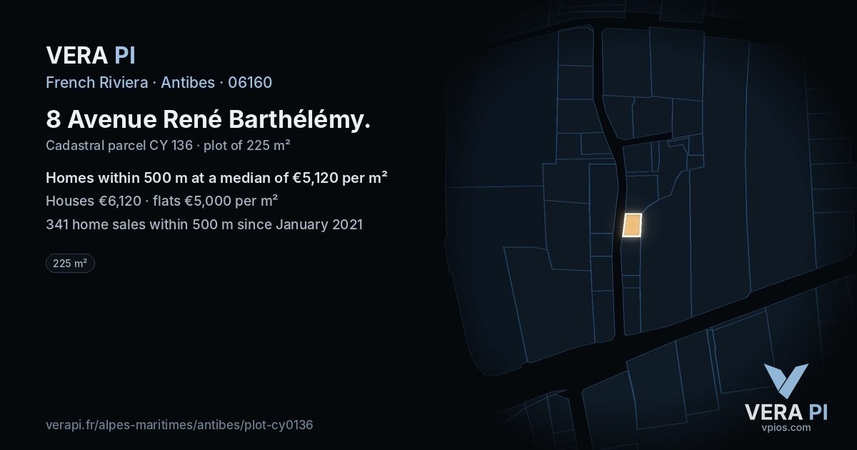 8 Avenue René Barthélémy, Antibes at night – the plot lit, the parcels around coloured by the prices near them