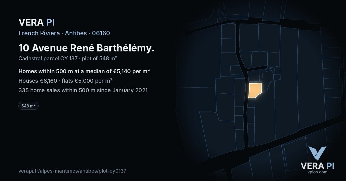 10 Avenue René Barthélémy, Antibes at night – the plot lit, the parcels around coloured by the prices near them