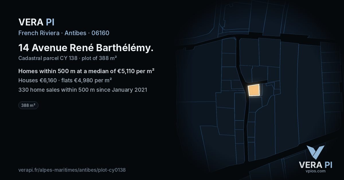 14 Avenue René Barthélémy, Antibes at night – the plot lit, the parcels around coloured by the prices near them