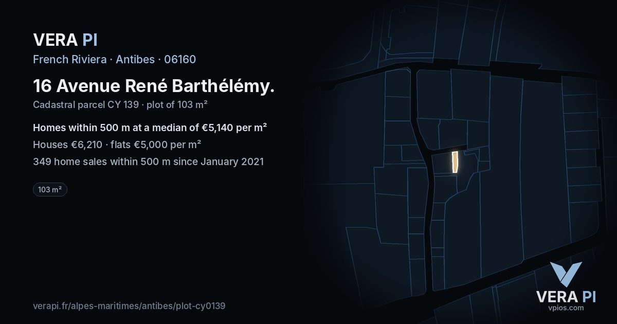 16 Avenue René Barthélémy, Antibes at night – the plot lit, the parcels around coloured by the prices near them